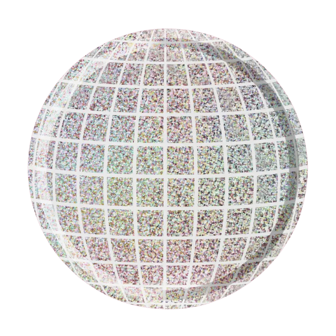 iridescent disco ball plate with a glittery pattern disco theme from Parte Haus party supply store in Bethesda MD