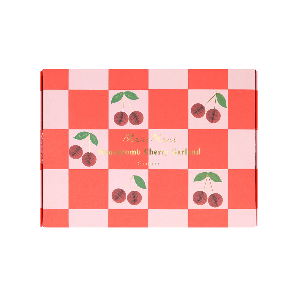Red pink cherry garland with checkered box summer picnic theme from Parte Haus party supply store in Bethesda MD