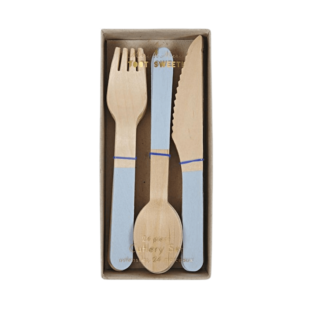 Light blue wooden cutlery set with fork knife and spoon boxed for birthdays from Parte Haus party supply store in Bethesda Maryland