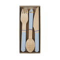 Light blue wooden cutlery set with fork knife and spoon boxed for birthdays from Parte Haus party supply store in Bethesda Maryland