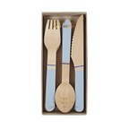 Light blue wooden cutlery set with fork knife and spoon boxed for birthdays from Parte Haus party supply store in Bethesda Maryland
