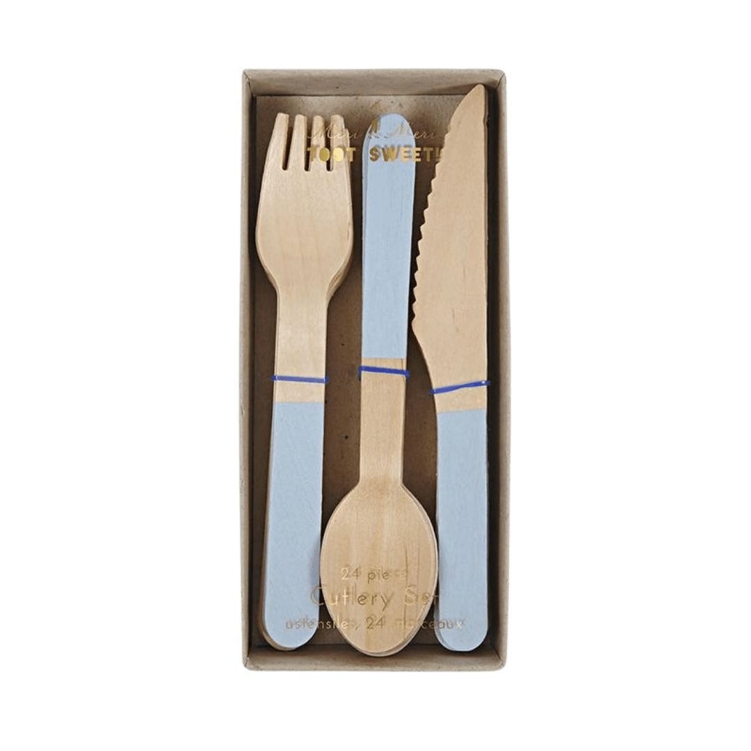 Light blue wooden cutlery set with fork knife and spoon boxed for birthdays from Parte Haus party supply store in Bethesda Maryland