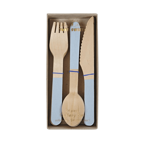 Light blue wooden cutlery set with fork knife and spoon boxed for birthdays from Parte Haus party supply store in Bethesda Maryland