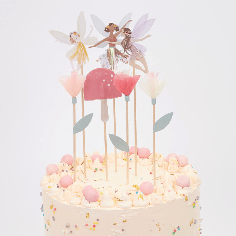 Pastel fairy cake toppers woodland flower and mushroom theme for birthdays from Parte Haus party supply store in Bethesda MD
