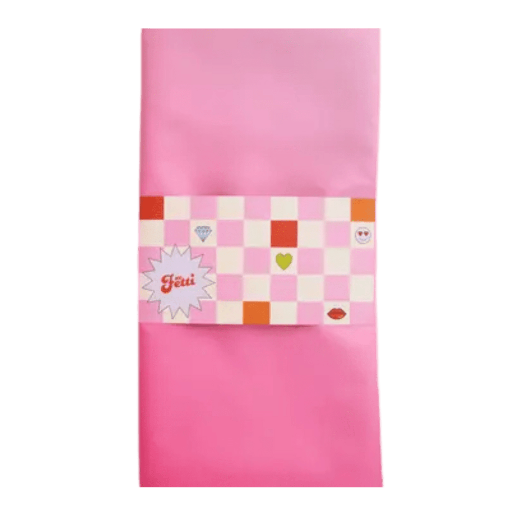 Pink gift wrap with checkered tag and fun icons celebration from Parte Haus party supply store in Bethesda MD