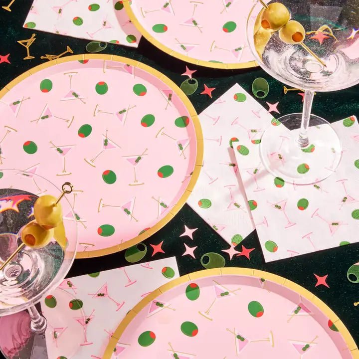 Pink cocktail print plates and napkins for cocktail party from Parte Haus party supply store in Bethesda Maryland