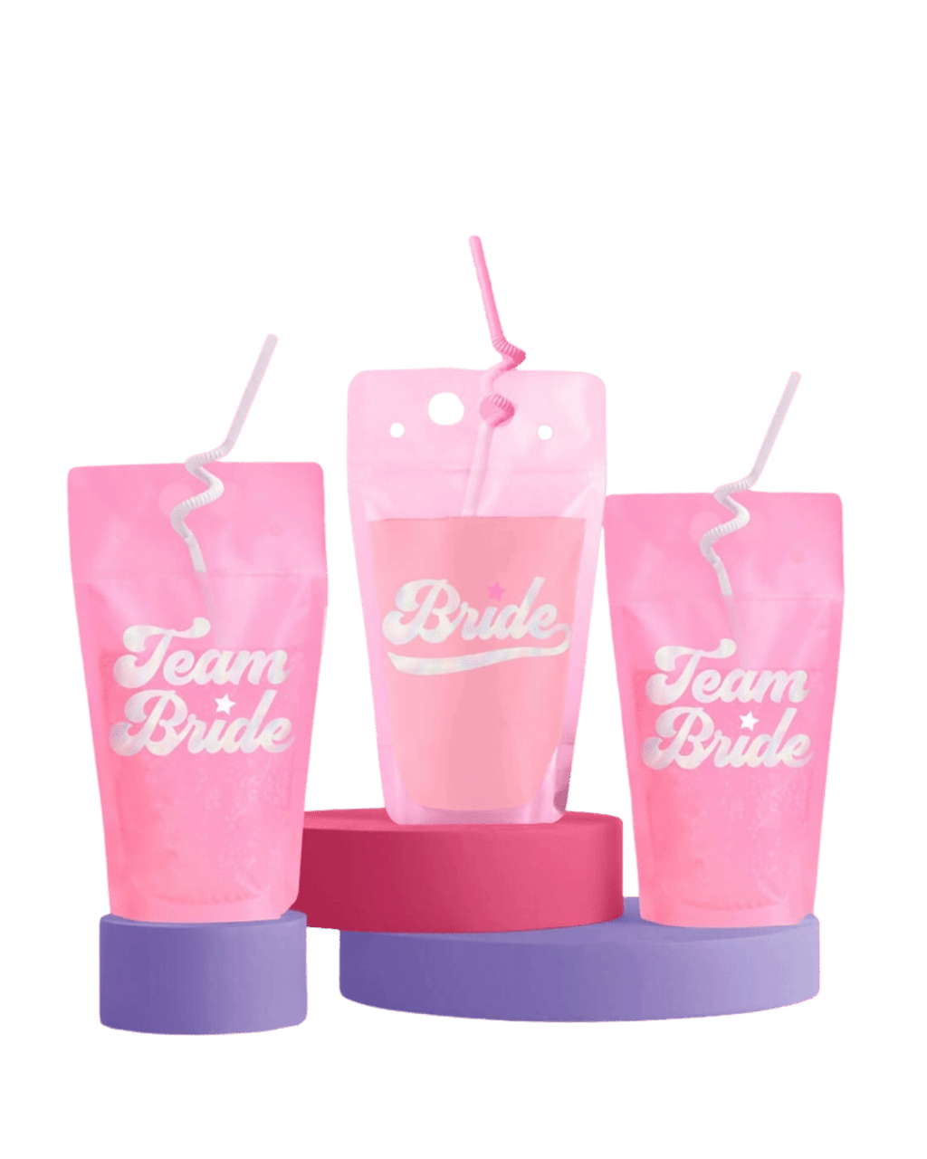 Pink bachelorette drink pouches Team Bride text bridal shower from Parte Haus party supply store in Bethesda Maryland