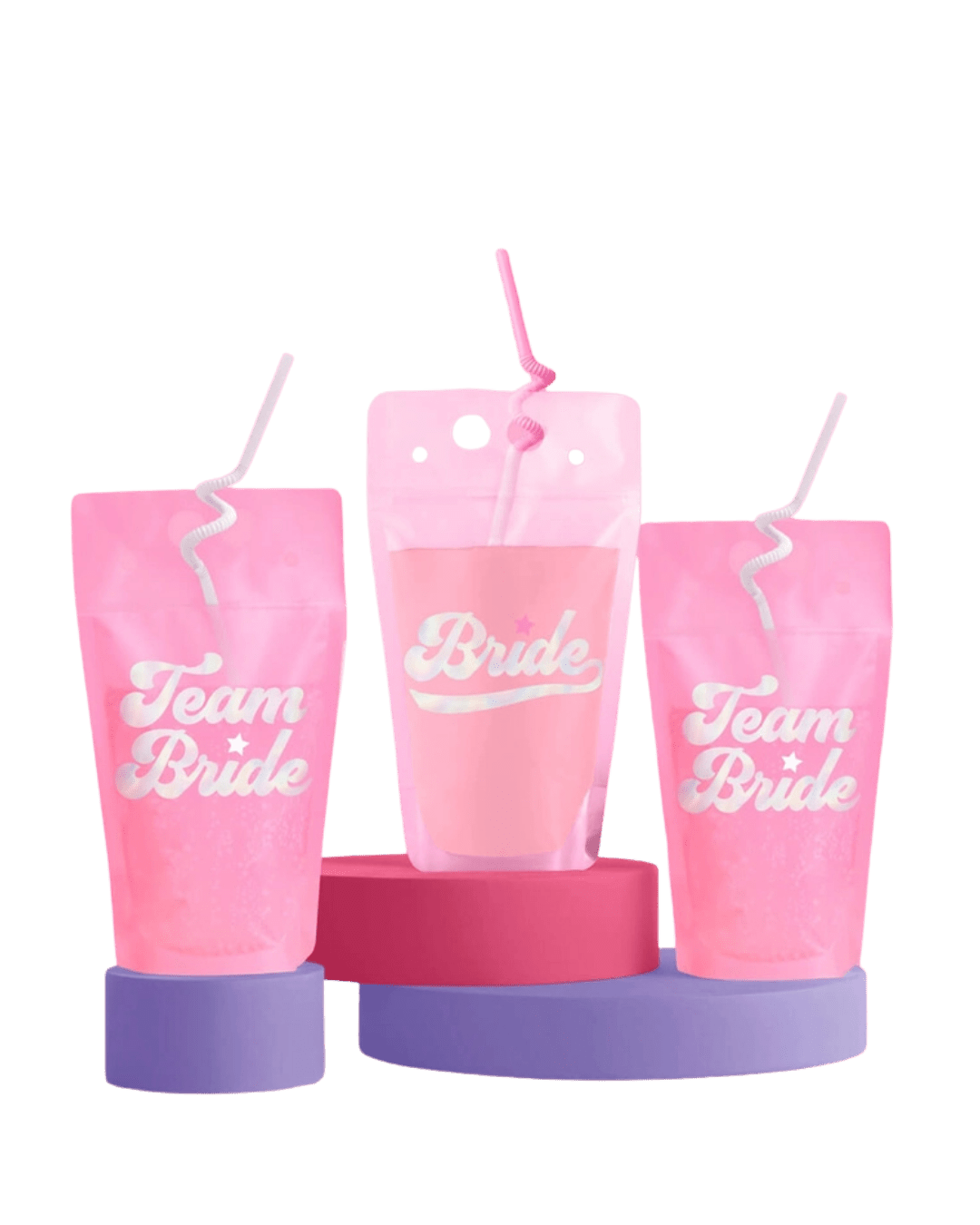 Pink bachelorette drink pouches Team Bride text bridal shower from Parte Haus party supply store in Bethesda Maryland