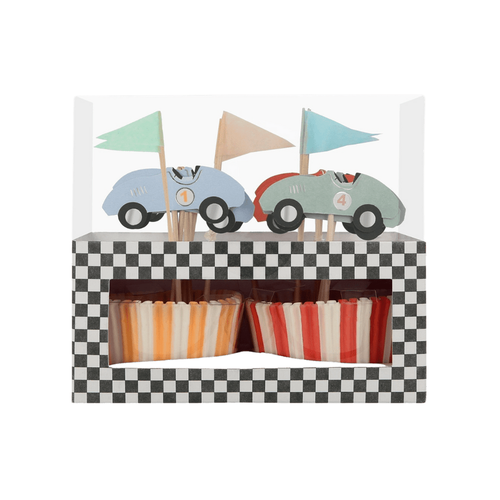 Multicolor race car cupcake kit with checkered box for birthday from Parte Haus party supply store in Bethesda MD