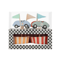 Multicolor race car cupcake kit with checkered box for birthday from Parte Haus party supply store in Bethesda MD