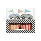 Multicolor race car cupcake kit with checkered box for birthday from Parte Haus party supply store in Bethesda MD
