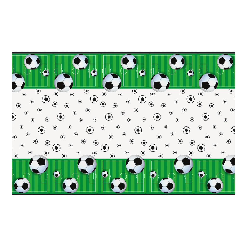 Green soccer table cover with black and white soccer ball pattern sports birthday from Parte Haus party supply store in Bethesda MD