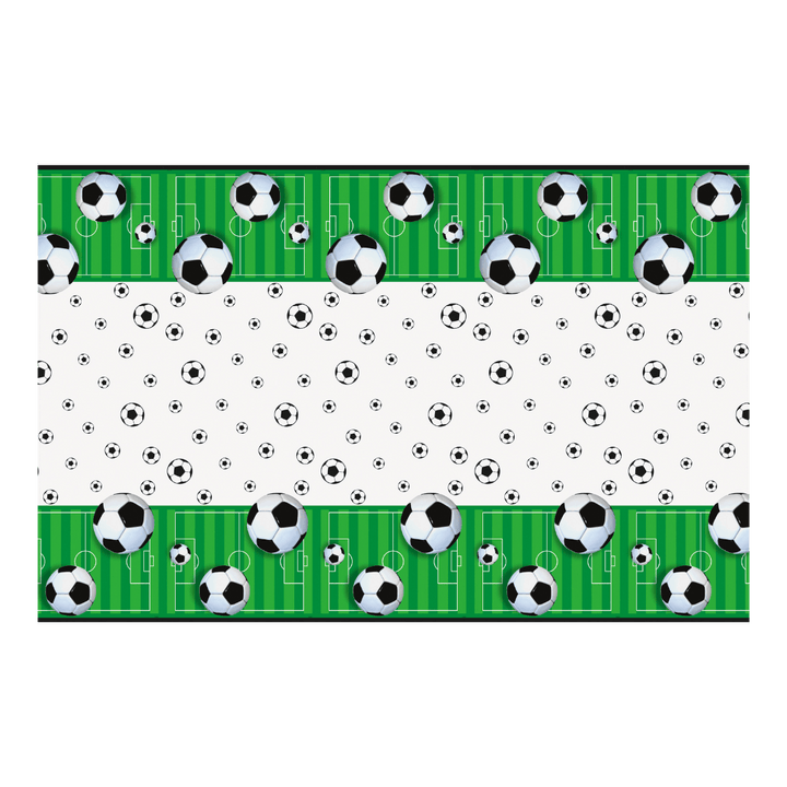 Green soccer table cover with black and white soccer ball pattern sports birthday from Parte Haus party supply store in Bethesda MD
