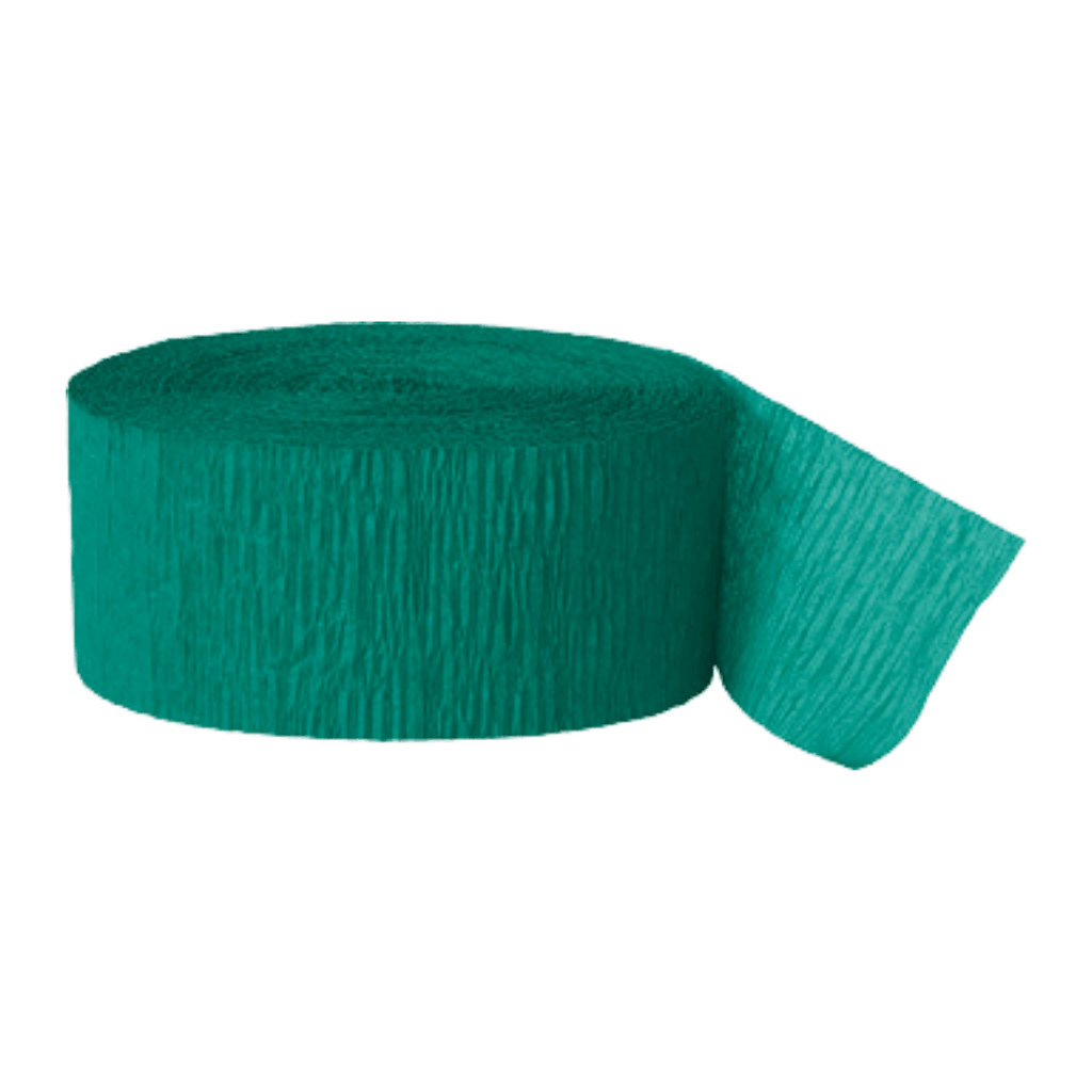 Teal crepe paper streamer roll for birthday decor from Parte Haus party supply store in Bethesda, Maryland.
