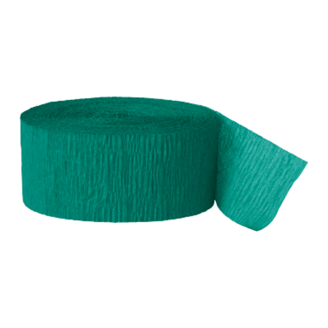 Teal crepe paper streamer roll for birthday decor from Parte Haus party supply store in Bethesda, Maryland.