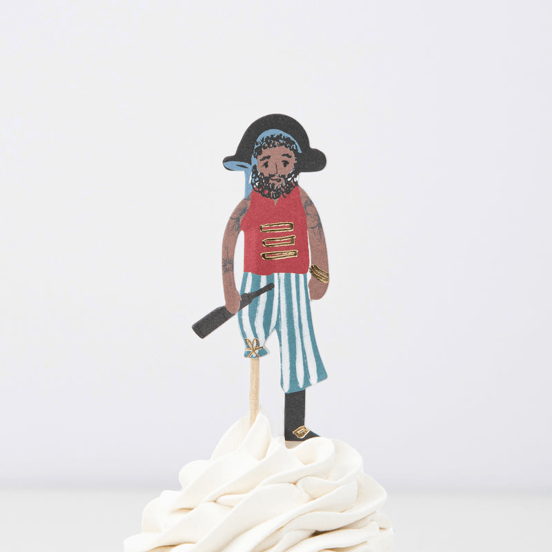 Red and blue pirate cupcake topper with striped pants pirate theme from Parte Haus party supply store in Bethesda MD