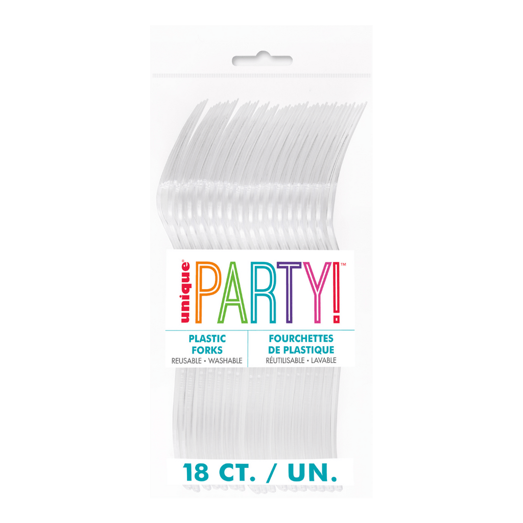Clear plastic forks multipack in festive packaging for celebrations from Parte Haus party supply store in Bethesda MD.
