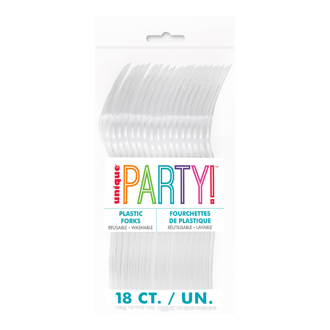 Clear plastic forks multipack in festive packaging for celebrations from Parte Haus party supply store in Bethesda MD.