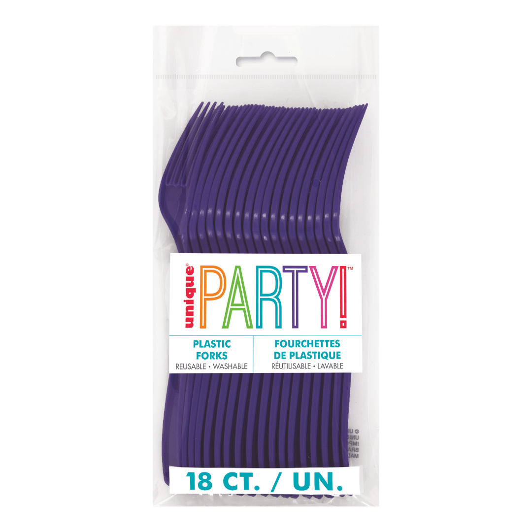 Purple plastic forks in clear package for celebration theme from Parte Haus party supply store in Bethesda MD