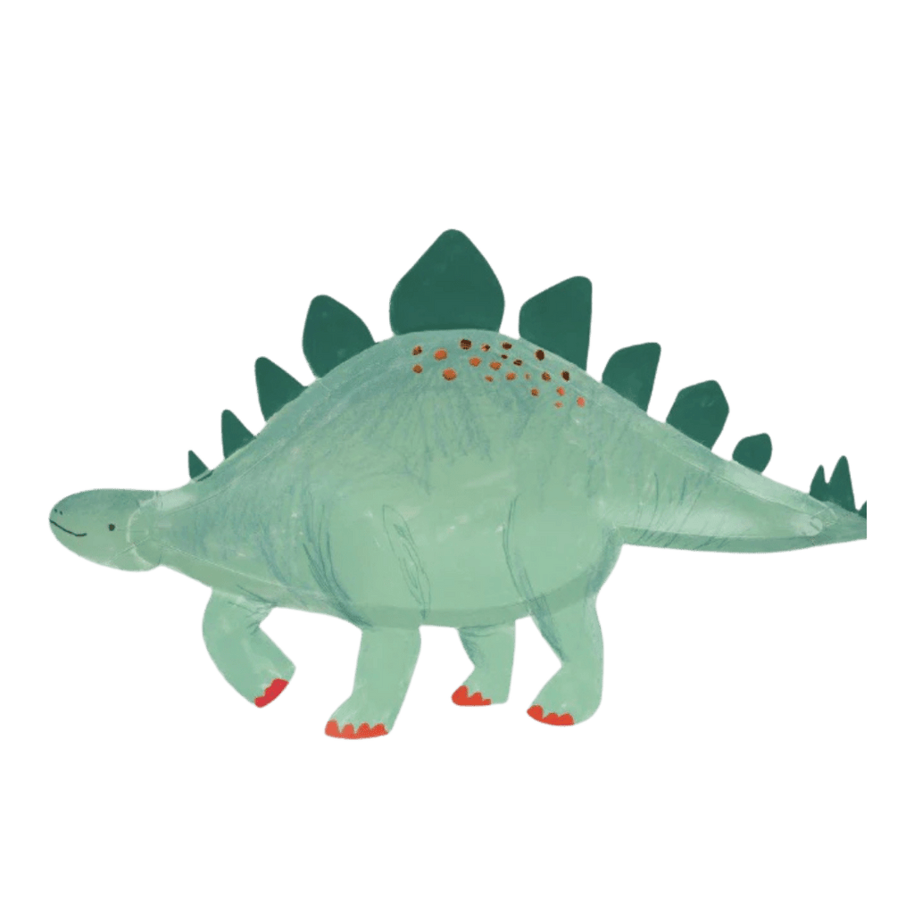 Green dinosaur balloon shaped like stegosaurus for birthday from Parte Haus party supply store in Bethesda MD.