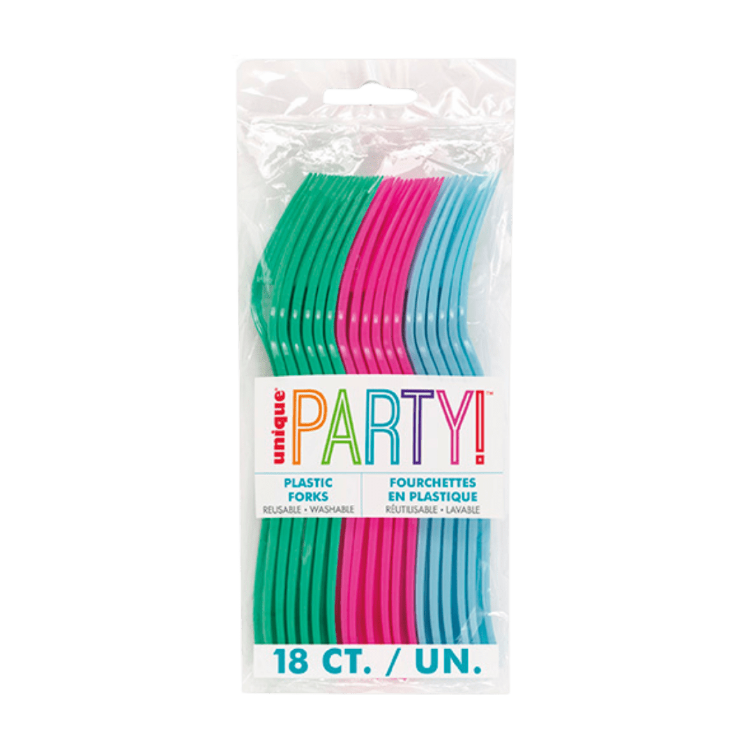 pink green blue plastic forks pack for birthday party from Parte Haus party supply store in Bethesda MD