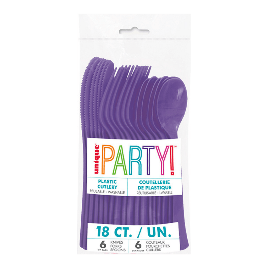 Purple plastic cutlery set with knives forks spoons party celebration from Parte Haus party supply store in Bethesda Maryland