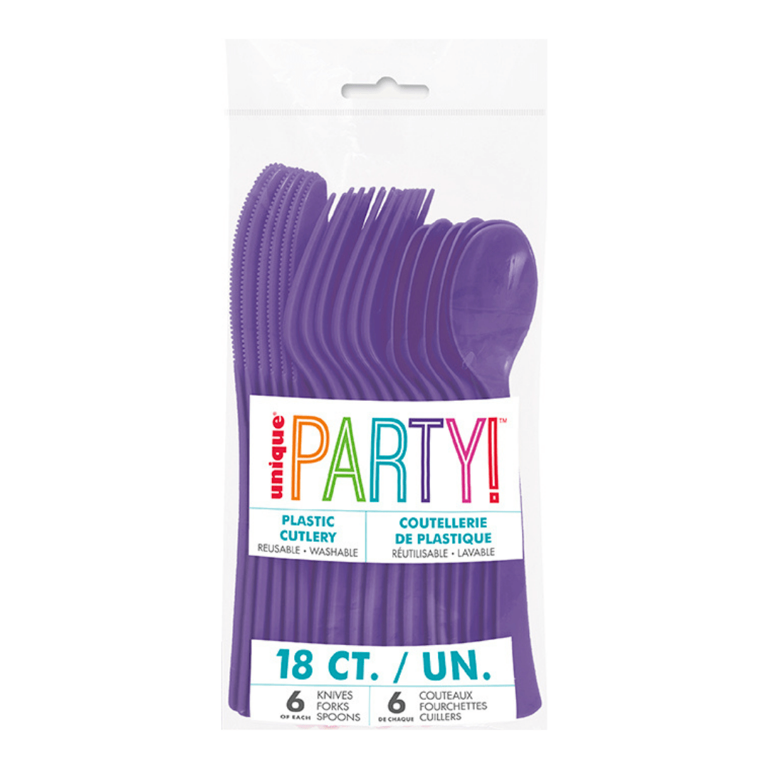 Purple plastic cutlery set with knives forks spoons party celebration from Parte Haus party supply store in Bethesda Maryland