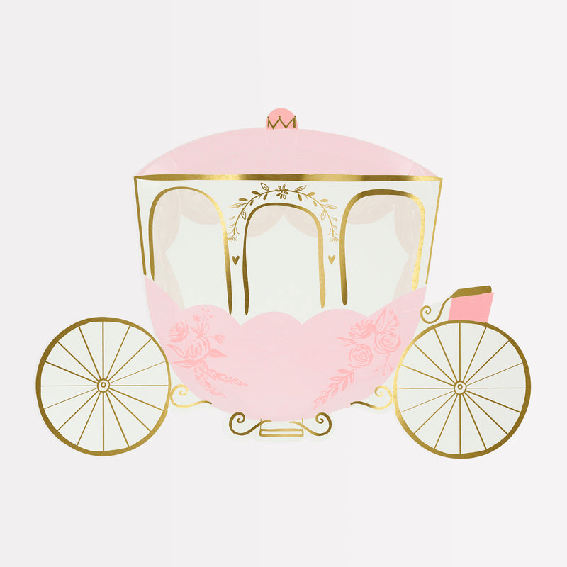 Pink princess carriage plate with gold details for fairytale birthday from Parte Haus party supply store in Bethesda MD