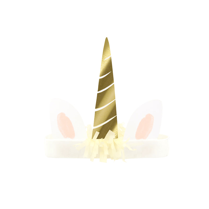 Gold unicorn horn headband with white ears for birthday from Parte Haus party supply store in Bethesda Maryland