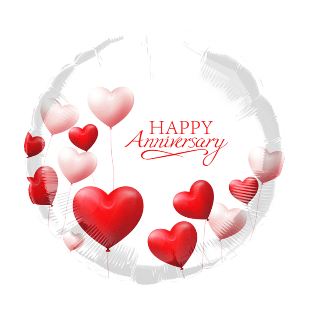 Red white heart balloon round foil Happy Anniversary theme from Parte Haus party supply store in Bethesda MD