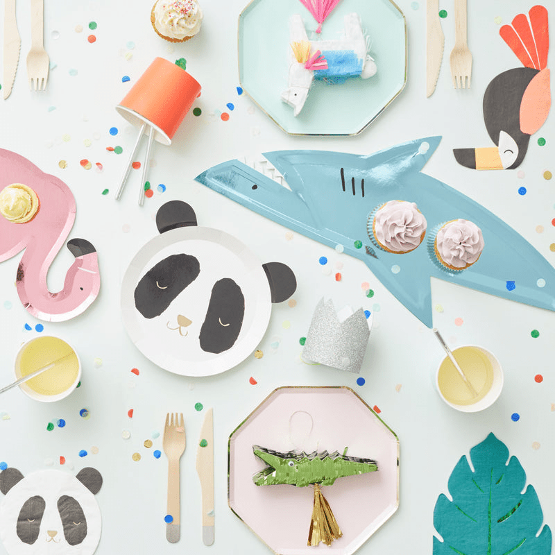 Colorful animal themed plates and cups for kids birthday from Parte Haus party supply store in Bethesda Maryland