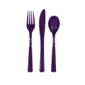 Purple plastic cutlery set fork spoon knife for birthday from Parte Haus party supply store in Bethesda MD