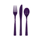 Purple plastic cutlery set fork spoon knife for birthday from Parte Haus party supply store in Bethesda MD