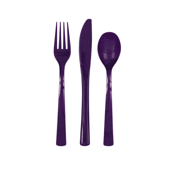 Purple plastic cutlery set fork spoon knife for birthday from Parte Haus party supply store in Bethesda MD