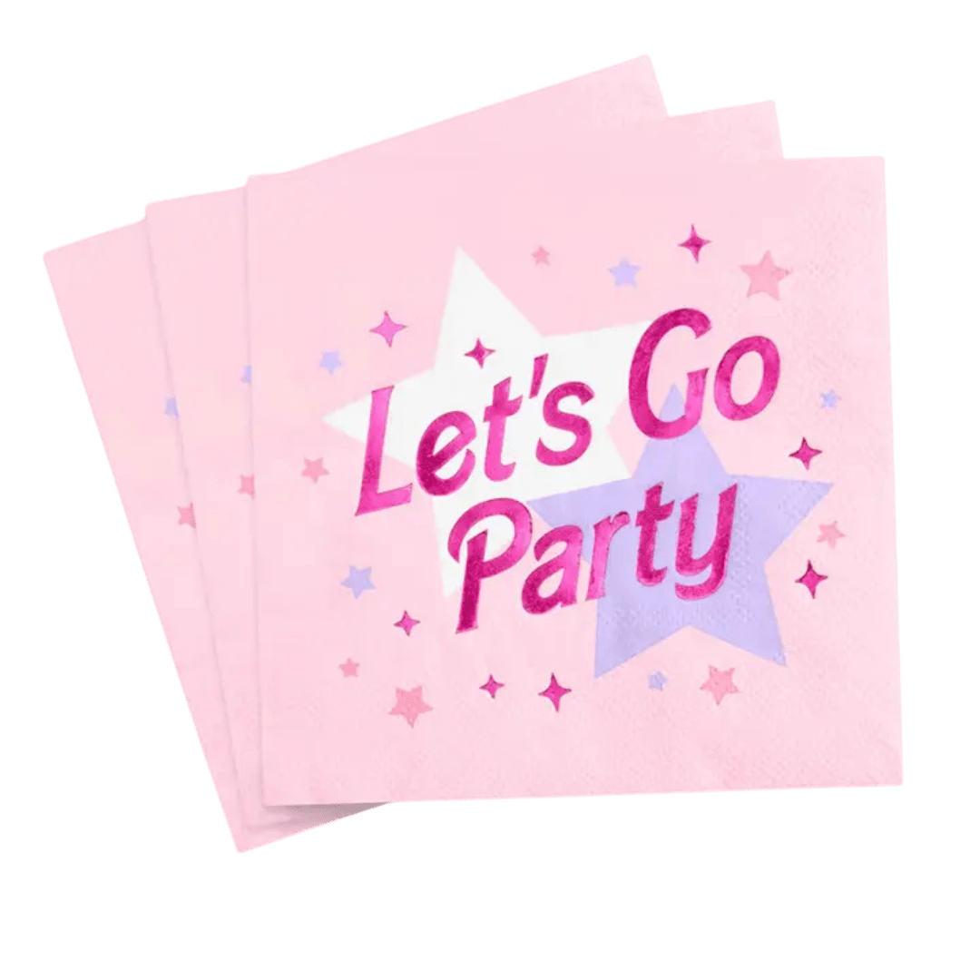 Pink let's go party napkins with stars birthday celebration from Parte Haus party supply store in Bethesda MD