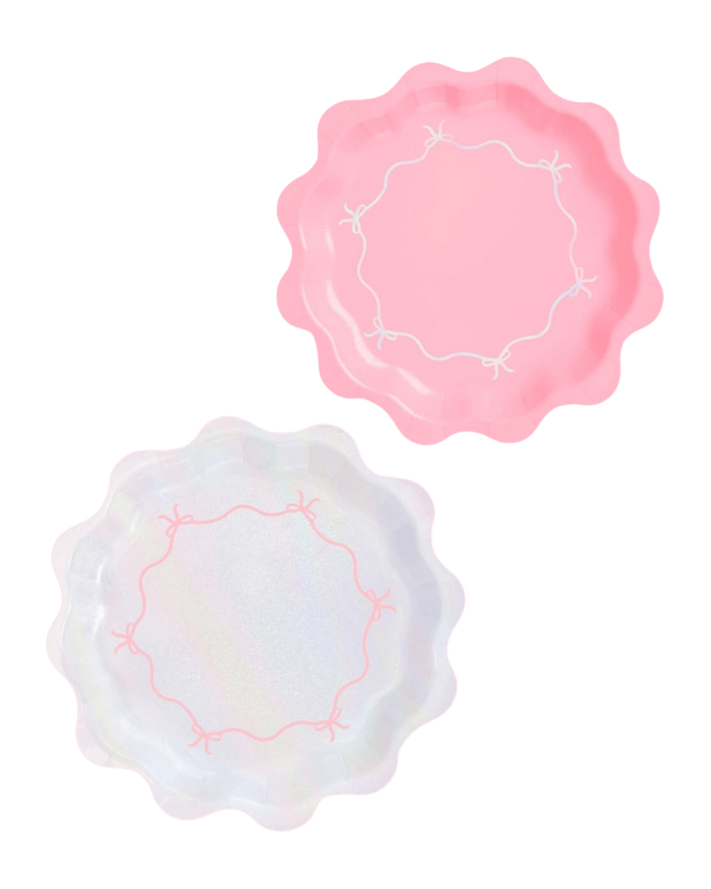 Pink and iridescent scalloped plate set with bow detail birthday design from Parte Haus party supply store in Bethesda MD