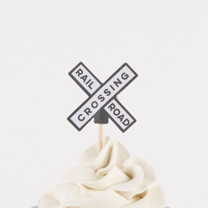 Black and white railroad crossing cupcake topper train theme from Parte Haus party supply store in Bethesda MD