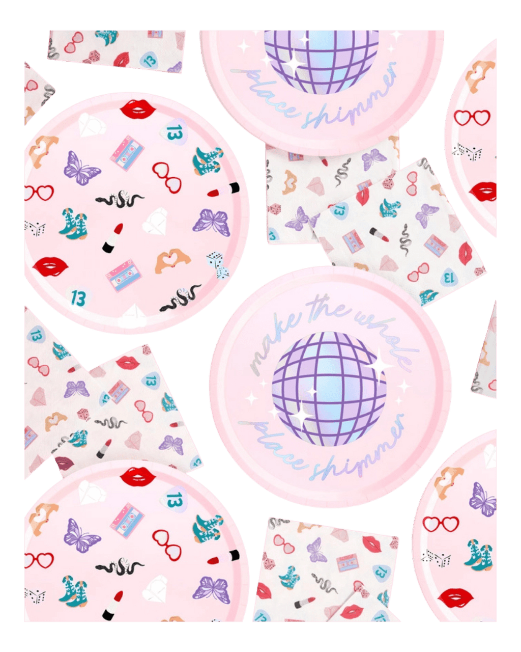 Pink disco themed paper plates and napkins with butterfly and lipstick designs from Parte Haus party supply store in Bethesda Maryland