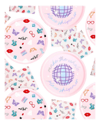 Pink disco themed paper plates and napkins with butterfly and lipstick designs from Parte Haus party supply store in Bethesda Maryland