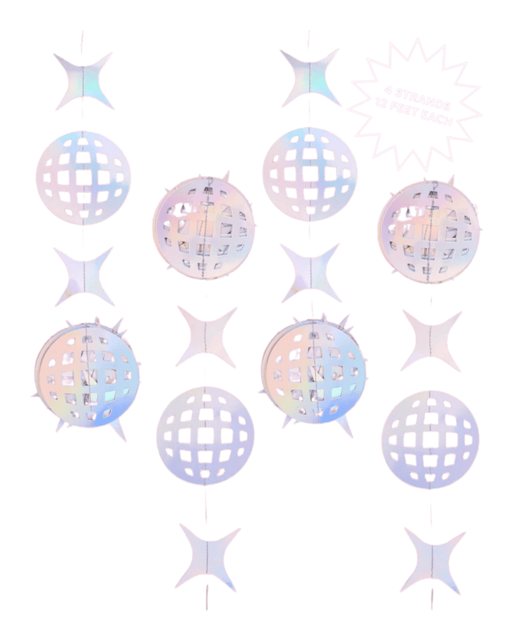 iridescent disco ball garland set with hanging spheres and stars for celebration from Parte Haus party supply store in Bethesda MD