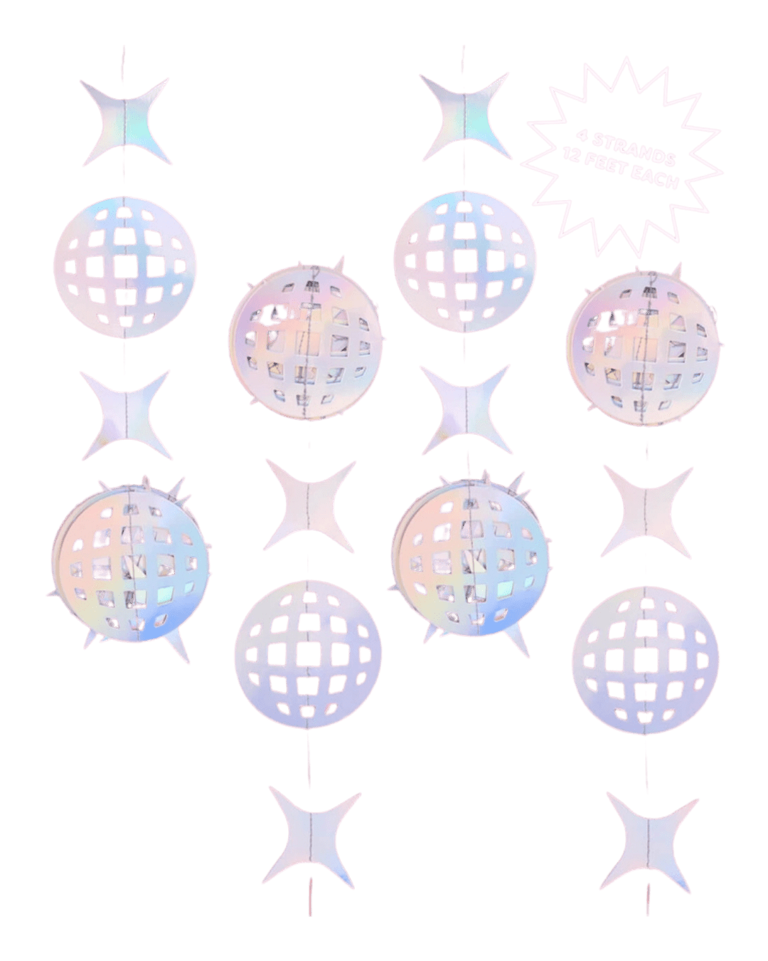 iridescent disco ball garland set with hanging spheres and stars for celebration from Parte Haus party supply store in Bethesda MD