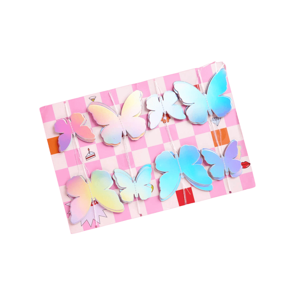 Pastel butterfly garland iridescent decoration birthday theme from Parte Haus party supply store in Bethesda MD
