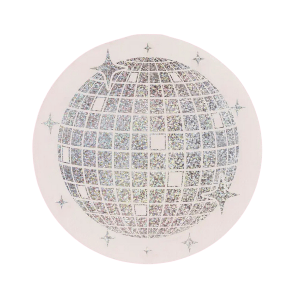 Silver disco ball round plate with sparkling detail disco theme from Parte Haus party supply store in Bethesda MD.