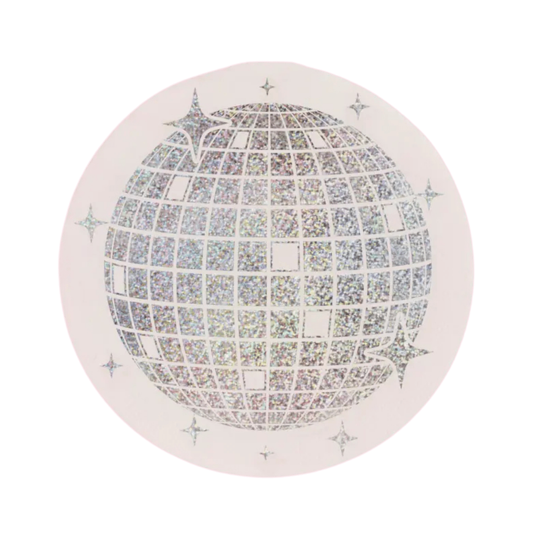 Silver disco ball round plate with sparkling detail disco theme from Parte Haus party supply store in Bethesda MD.