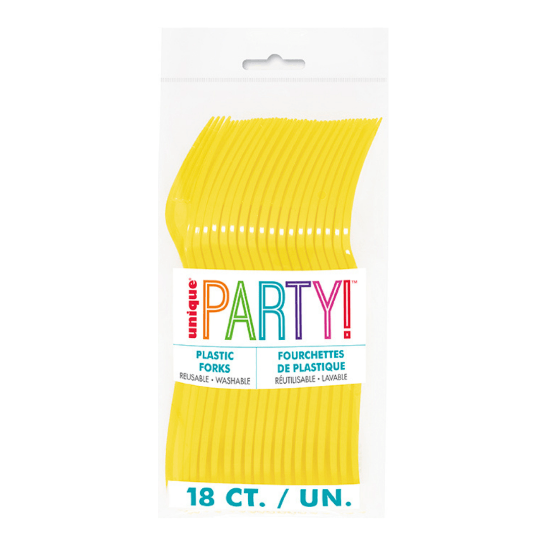 Yellow plastic forks in clear packaging for celebration theme from Parte Haus party supply store in Bethesda MD