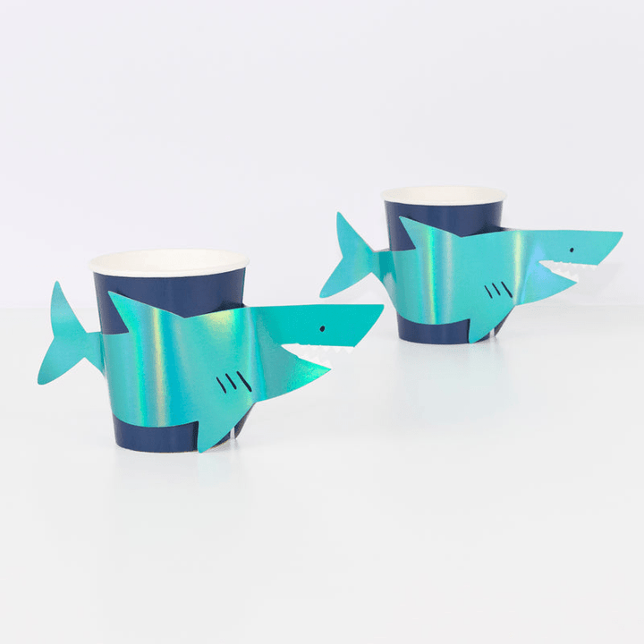 Blue shark paper cups ocean theme with shark cutouts from Parte Haus party supply store in Bethesda Maryland