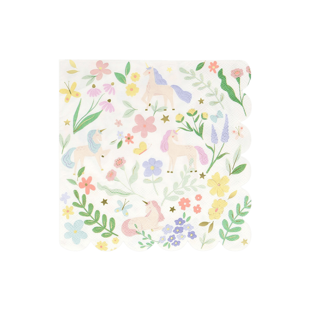 Pastel unicorn napkin with scalloped edge floral pattern for birthday from Parte Haus party supply store in Bethesda MD