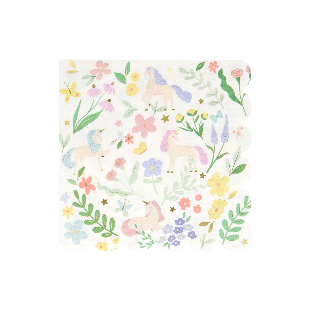 Pastel unicorn napkin with scalloped edge floral pattern for birthday from Parte Haus party supply store in Bethesda MD