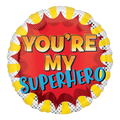 Red yellow superhero balloon with comic book style text for celebration from Parte Haus party supply store in Bethesda MD