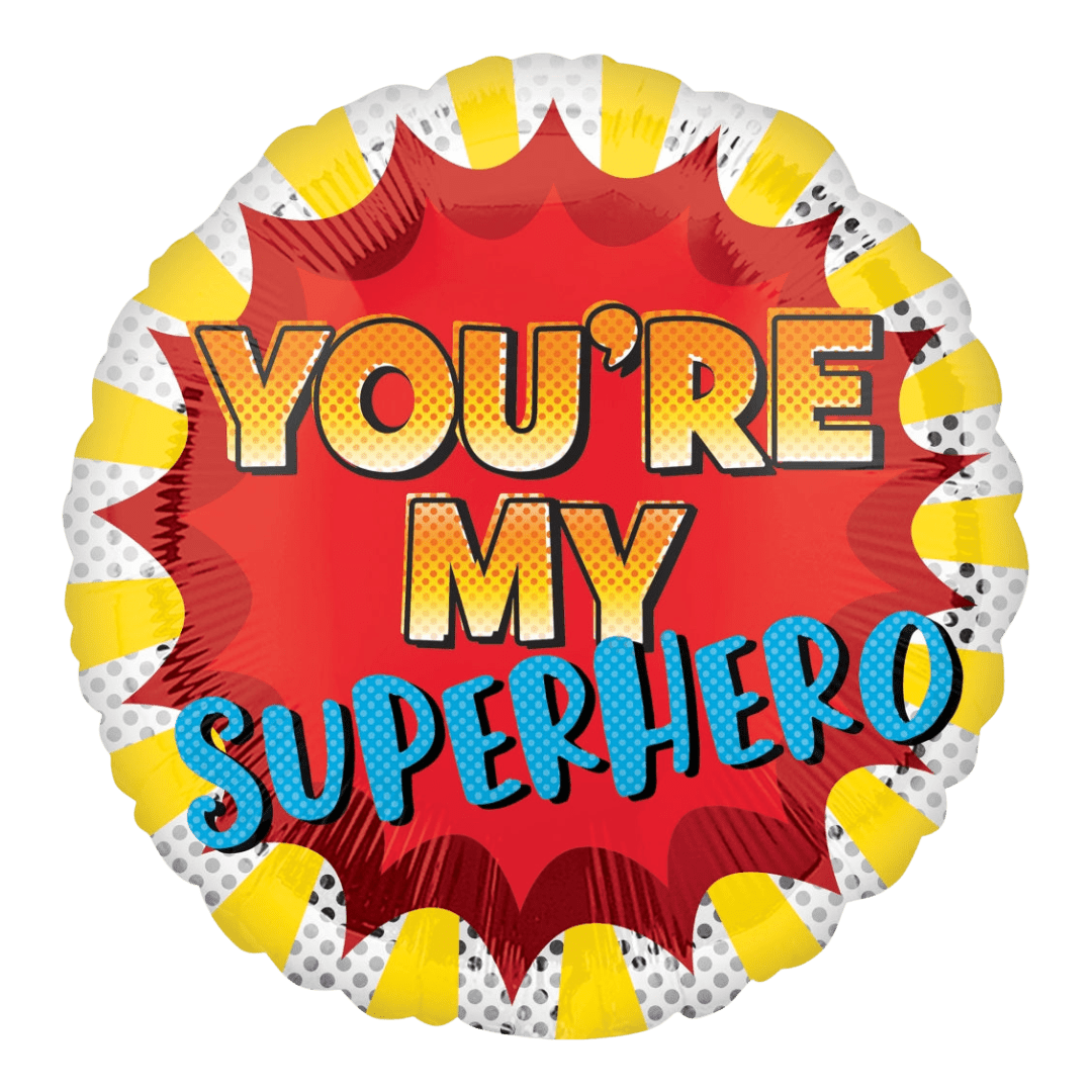 Red yellow superhero balloon with comic book style text for celebration from Parte Haus party supply store in Bethesda MD